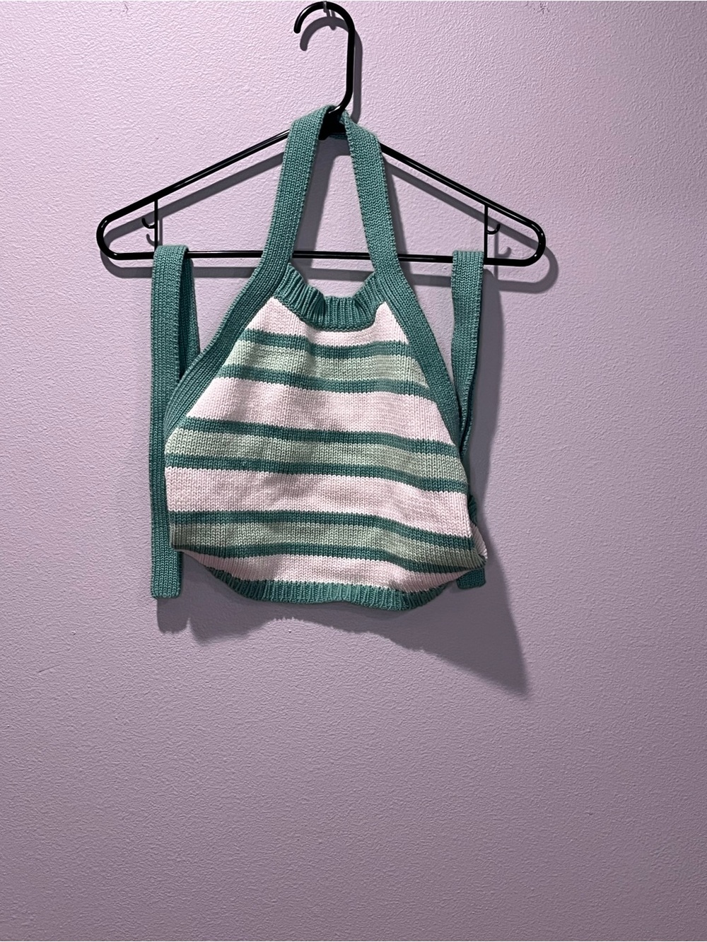 Striped Knit Halter Crop Top - White & Teal